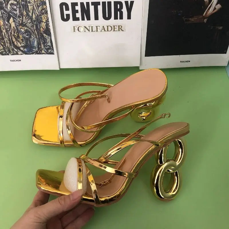 Unique New Fashion Talons Square Toe Female Shoes Gold Heels for Ladys