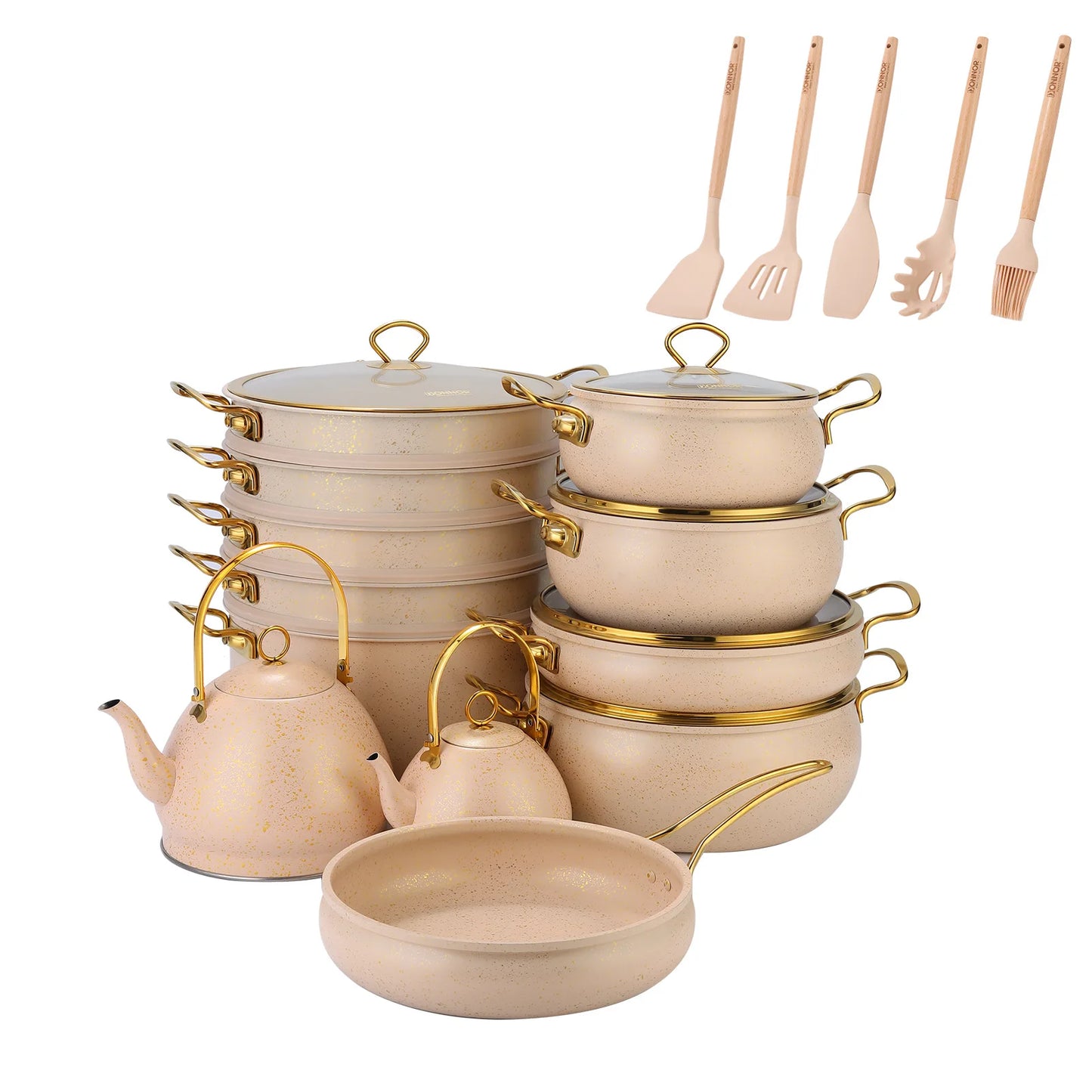 Classic Style 24PCS Speckled Aluminum Set 28CM Shallow Casserole 1L 3L Tea Kettle Gold Handle Boutique Appliance Distribution