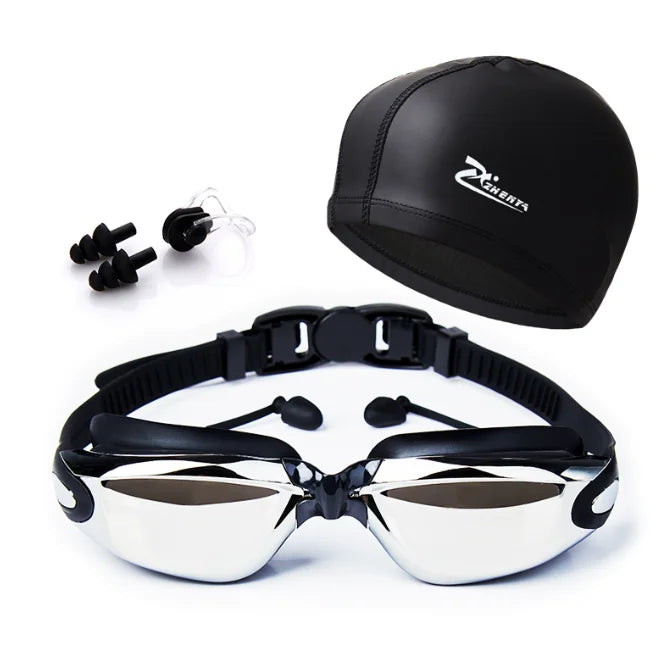 Waterproof Swimming Goggles With Ear Plug and Caps Sets No Leaking Anti Fog UV Protection Safety Glasses Swim Cap for Adults