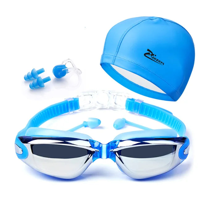 Waterproof Swimming Goggles With Ear Plug and Caps Sets No Leaking Anti Fog UV Protection Safety Glasses Swim Cap for Adults