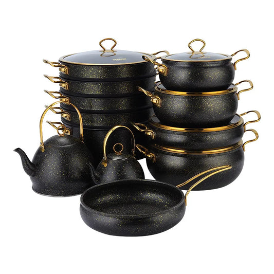 Classic Style 24PCS Speckled Aluminum Set 28CM Shallow Casserole 1L 3L Tea Kettle Gold Handle Boutique Appliance Distribution