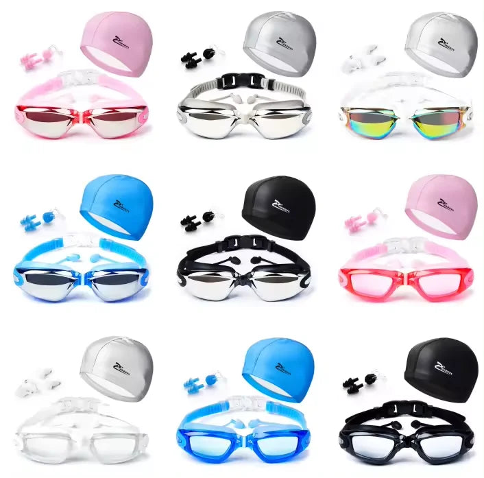 Waterproof Swimming Goggles With Ear Plug and Caps Sets No Leaking Anti Fog UV Protection Safety Glasses Swim Cap for Adults