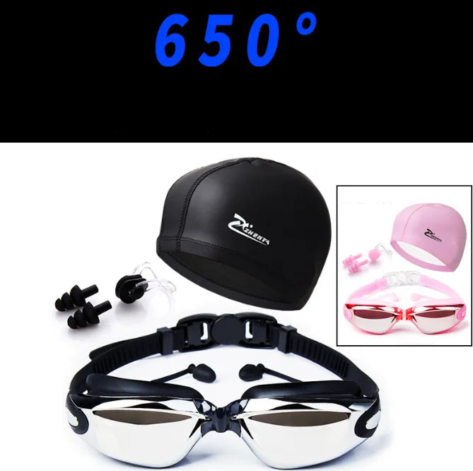 Waterproof Swimming Goggles With Ear Plug and Caps Sets No Leaking Anti Fog UV Protection Safety Glasses Swim Cap for Adults