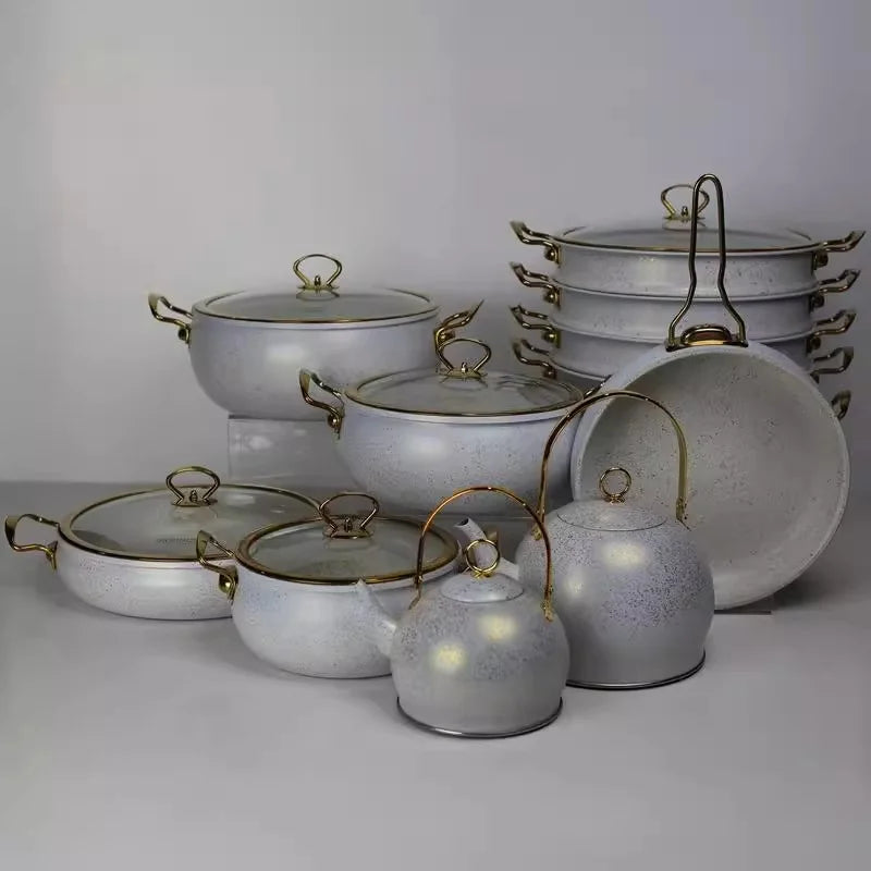 Classic Style 24PCS Speckled Aluminum Set 28CM Shallow Casserole 1L 3L Tea Kettle Gold Handle Boutique Appliance Distribution
