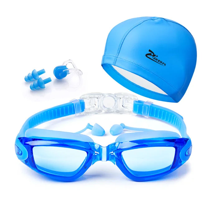 Waterproof Swimming Goggles With Ear Plug and Caps Sets No Leaking Anti Fog UV Protection Safety Glasses Swim Cap for Adults