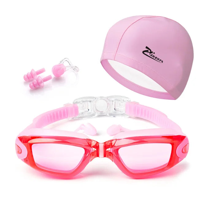 Waterproof Swimming Goggles With Ear Plug and Caps Sets No Leaking Anti Fog UV Protection Safety Glasses Swim Cap for Adults