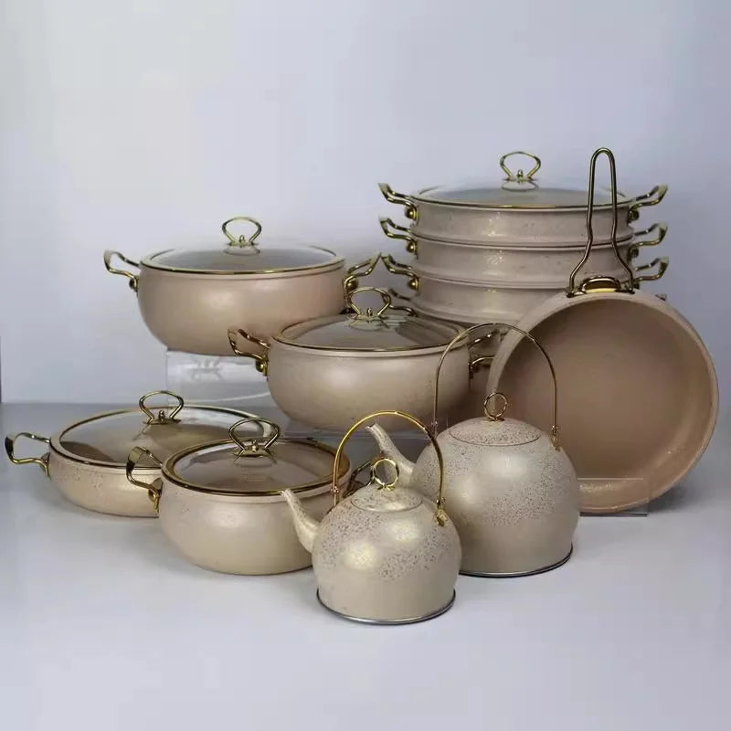 Classic Style 24PCS Speckled Aluminum Set 28CM Shallow Casserole 1L 3L Tea Kettle Gold Handle Boutique Appliance Distribution