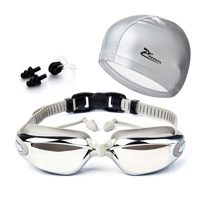 Waterproof Swimming Goggles With Ear Plug and Caps Sets No Leaking Anti Fog UV Protection Safety Glasses Swim Cap for Adults