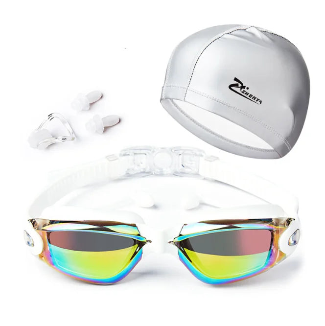 Waterproof Swimming Goggles With Ear Plug and Caps Sets No Leaking Anti Fog UV Protection Safety Glasses Swim Cap for Adults