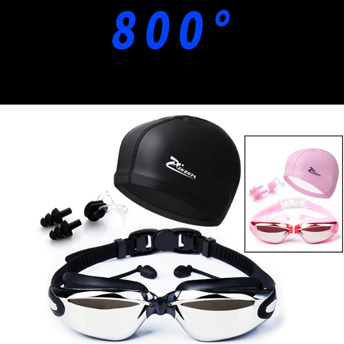 Waterproof Swimming Goggles With Ear Plug and Caps Sets No Leaking Anti Fog UV Protection Safety Glasses Swim Cap for Adults