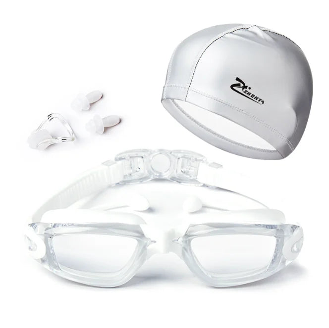 Waterproof Swimming Goggles With Ear Plug and Caps Sets No Leaking Anti Fog UV Protection Safety Glasses Swim Cap for Adults