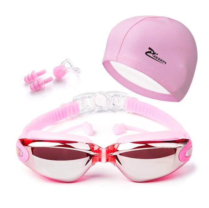 Waterproof Swimming Goggles With Ear Plug and Caps Sets No Leaking Anti Fog UV Protection Safety Glasses Swim Cap for Adults