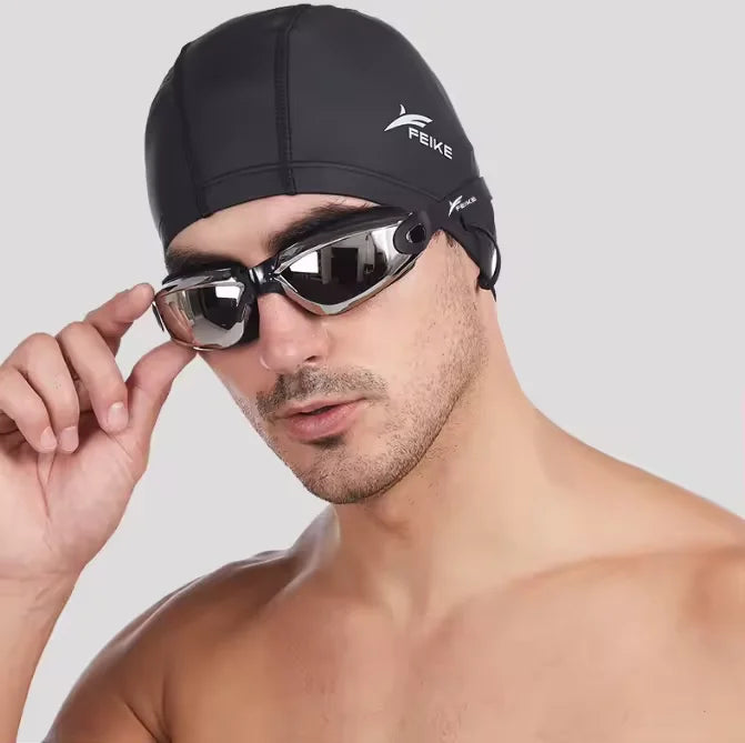 Waterproof Swimming Goggles With Ear Plug and Caps Sets No Leaking Anti Fog UV Protection Safety Glasses Swim Cap for Adults