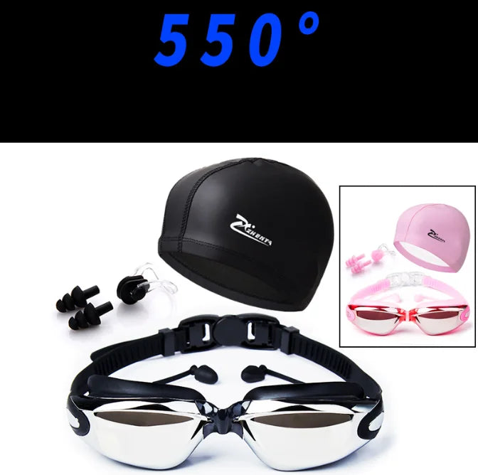 Waterproof Swimming Goggles With Ear Plug and Caps Sets No Leaking Anti Fog UV Protection Safety Glasses Swim Cap for Adults