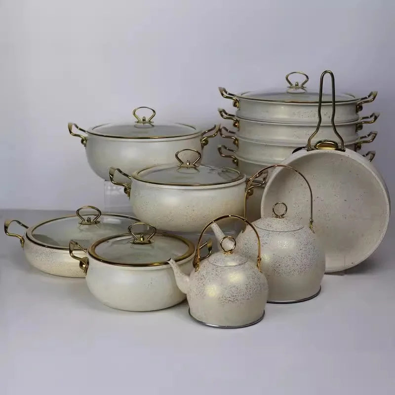 Classic Style 24PCS Speckled Aluminum Set 28CM Shallow Casserole 1L 3L Tea Kettle Gold Handle Boutique Appliance Distribution