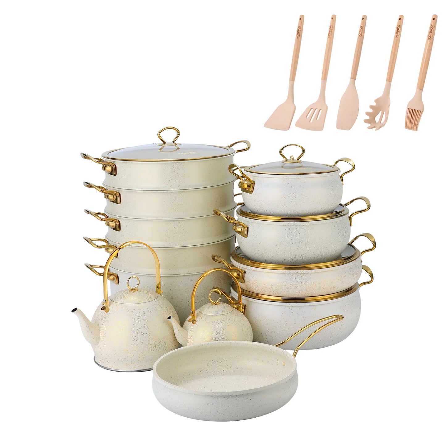 Classic Style 24PCS Speckled Aluminum Set 28CM Shallow Casserole 1L 3L Tea Kettle Gold Handle Boutique Appliance Distribution