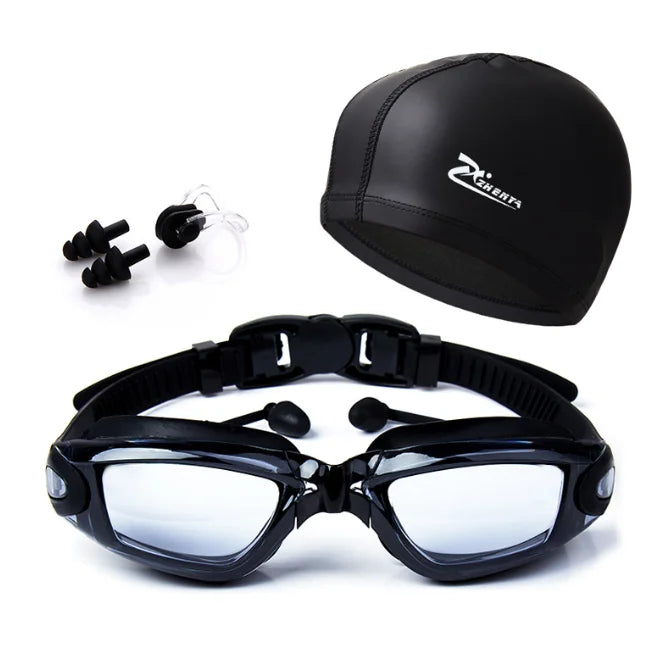 Waterproof Swimming Goggles With Ear Plug and Caps Sets No Leaking Anti Fog UV Protection Safety Glasses Swim Cap for Adults