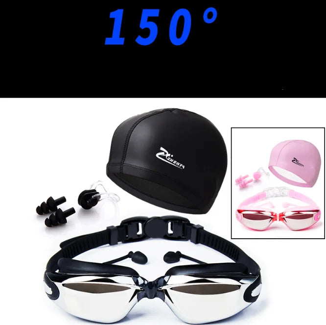 Waterproof Swimming Goggles With Ear Plug and Caps Sets No Leaking Anti Fog UV Protection Safety Glasses Swim Cap for Adults