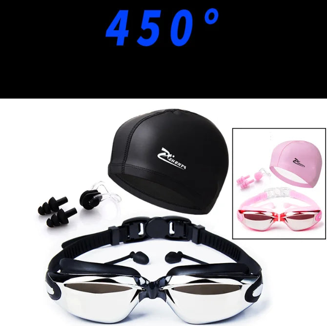 Waterproof Swimming Goggles With Ear Plug and Caps Sets No Leaking Anti Fog UV Protection Safety Glasses Swim Cap for Adults