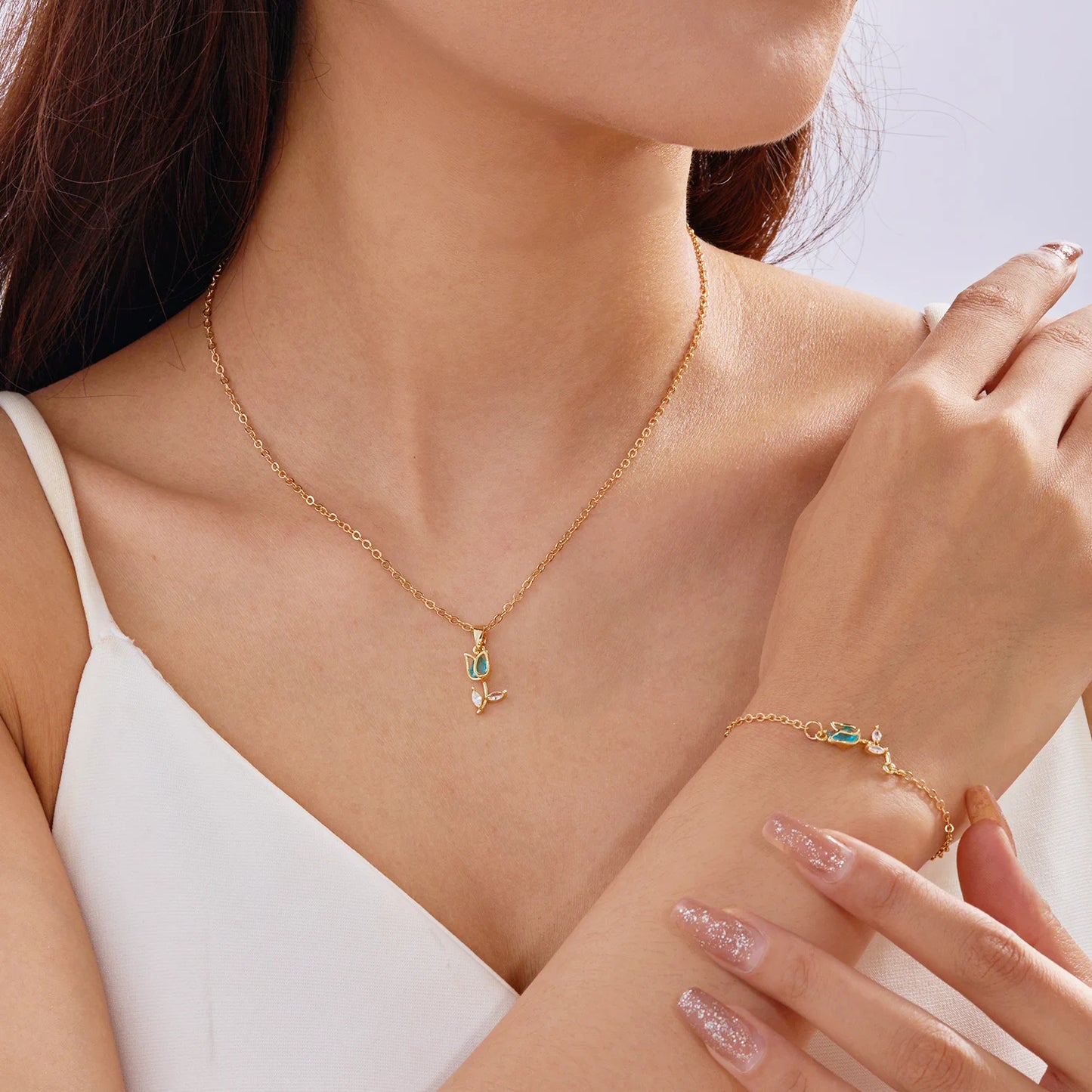Light Luxury Zircon Tulip Flower Clavicle Chain Necklace for Women Elegant Brass Pendant  Bracelet Fashion Party Jewelry Gift