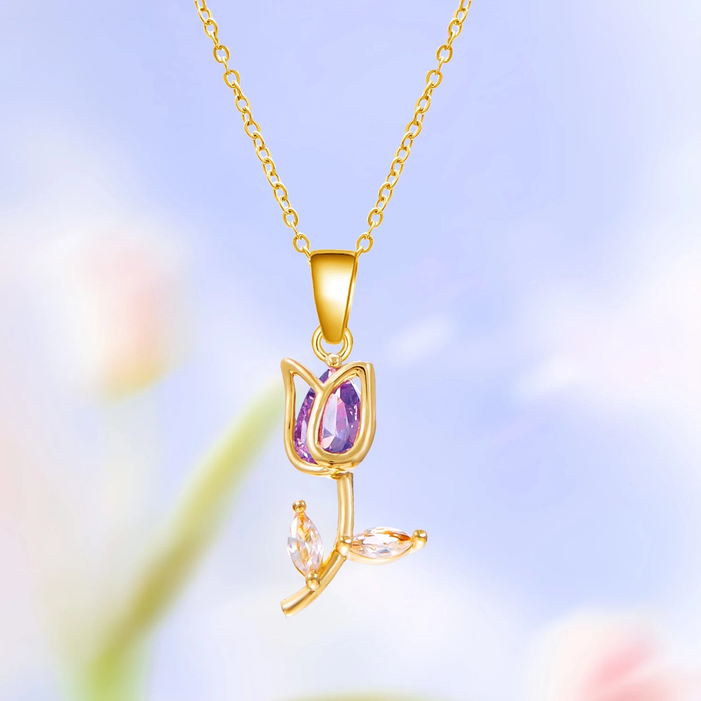 Light Luxury Zircon Tulip Flower Clavicle Chain Necklace for Women Elegant Brass Pendant  Bracelet Fashion Party Jewelry Gift