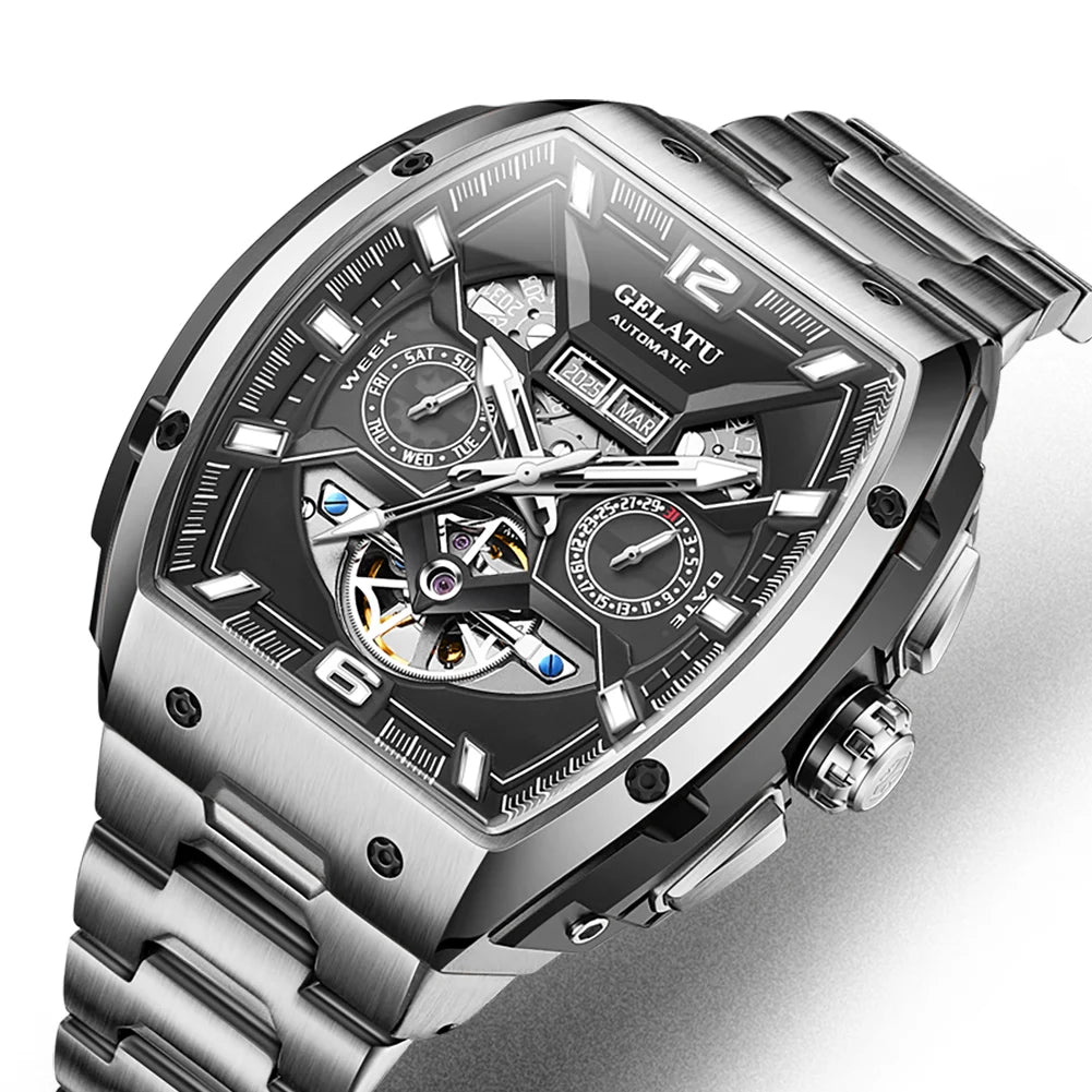 Reloj Hombre Watches Mens GELATU Top Brand Luxury Rose Black Skeleton Tourbillon Automatic Mechanical Watch for Men Waterproof