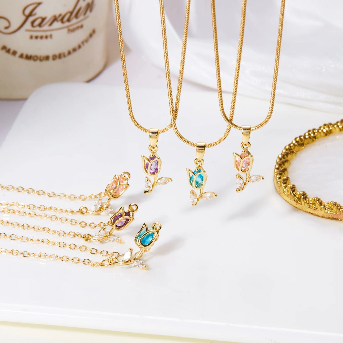 Light Luxury Zircon Tulip Flower Clavicle Chain Necklace for Women Elegant Brass Pendant  Bracelet Fashion Party Jewelry Gift