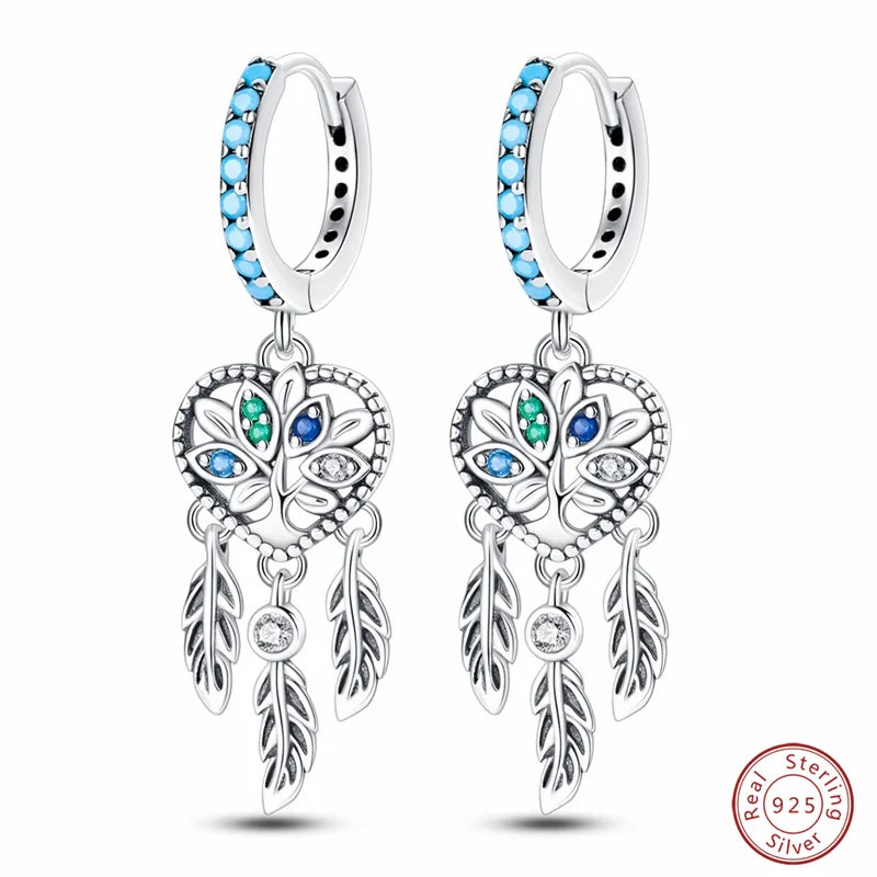New in 925 Silver Romantic Feather Moon Stars Dream Catcher Earrings For Women Trending Fashion Jewelry Creative Birthday Gifts