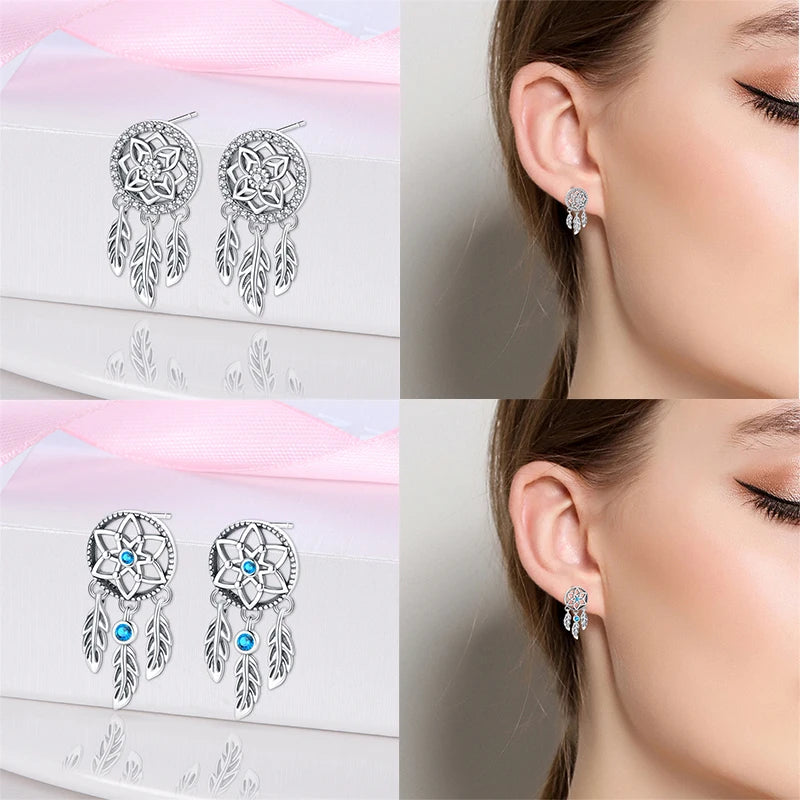 New in 925 Silver Romantic Feather Moon Stars Dream Catcher Earrings For Women Trending Fashion Jewelry Creative Birthday Gifts