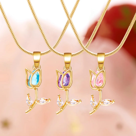 Light Luxury Zircon Tulip Flower Clavicle Chain Necklace for Women Elegant Brass Pendant  Bracelet Fashion Party Jewelry Gift